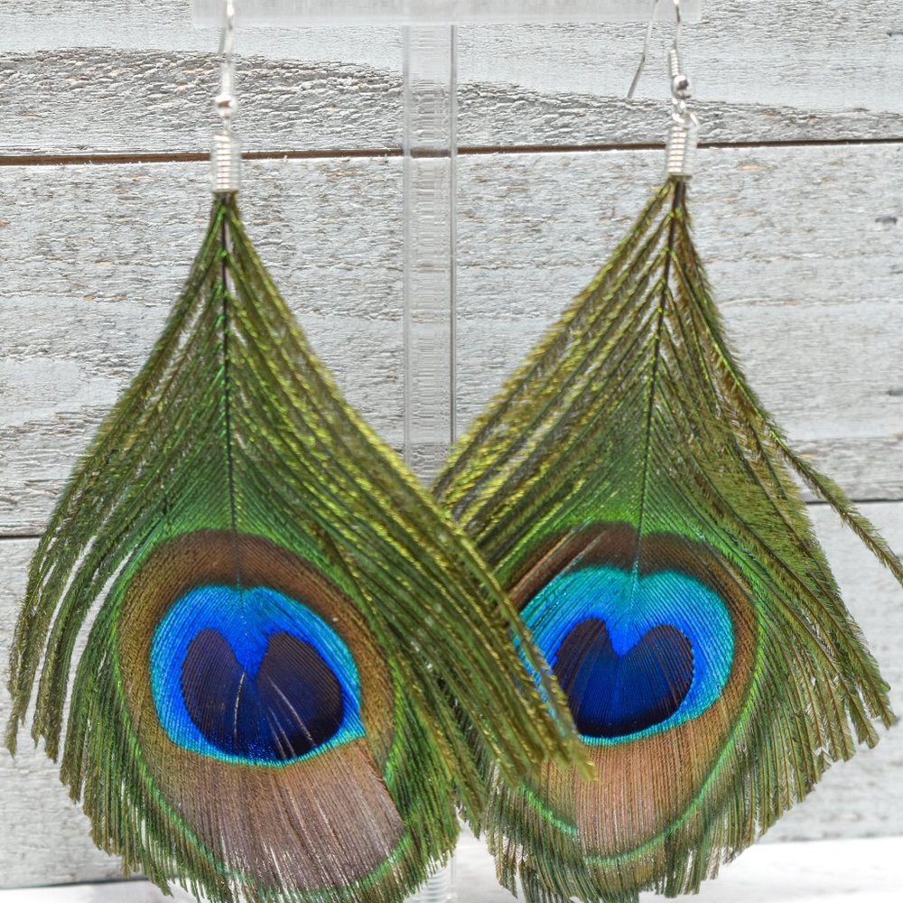 3.5" Drop Peacock Feather Dangle Earrings - Picture 6 of 12